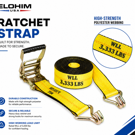 Elohim USA 2" x 30' Ratchet Strap w/Wire Hook — Heavy Duty Cargo Tie Down