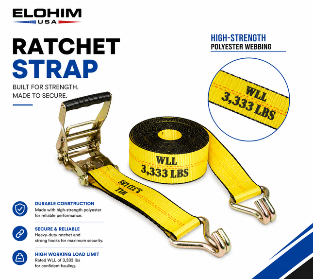 Elohim USA 2" x 30' Ratchet Strap w/Wire Hook — Heavy Duty Cargo Tie Down