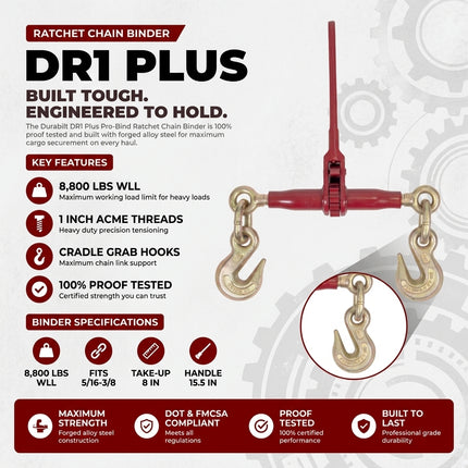 Durabilt DR1 Plus 5/16"-3/8" Pro-Bind Ratchet Chain Binder — 8,800 Lbs WLL