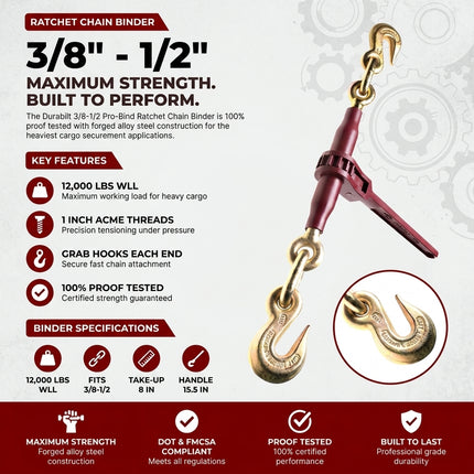 Durabilt 3/8"-1/2" Pro-Bind Ratchet Chain Binder — 12,000 Lbs WLL | Heavy Duty