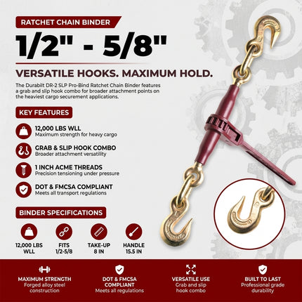 Durabilt DR-2 SLP 1/2"-5/8" Pro-Bind Ratchet Chain Binder — 12,000 Lbs WLL