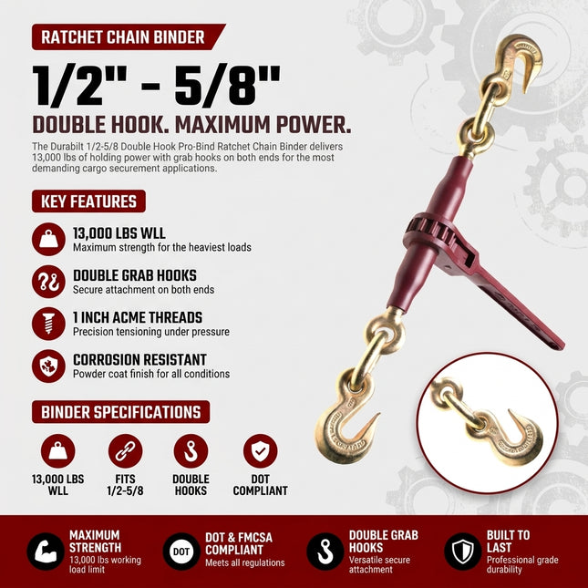 Durabilt 1/2"-5/8" Double Hook Pro-Bind Ratchet Chain Binder — 13,000 Lbs WLL