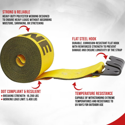 Kinedyne 10 Pack 4" x 30' Winch Straps w/ Flat Hook – 5,400 lb WLL – Flatbed Trailer Tie Downs