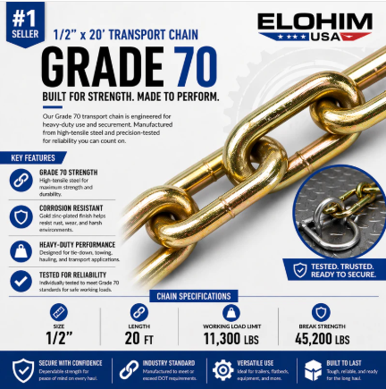 Elohim USA 1/2" x 20' Grade 70 Transport Chain with Clevis Grab Hook